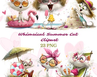 Funny Summer Cat Clipart Bundle 23 PNG, Whimsical Beach Cat Digital Download, Cat Mom Gift Sublimation Design, Cat Party, Commercial Use