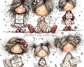 Mother's Day Girl Clipart Bundle | Whimsical Girls Holding Signs (Digital Download)