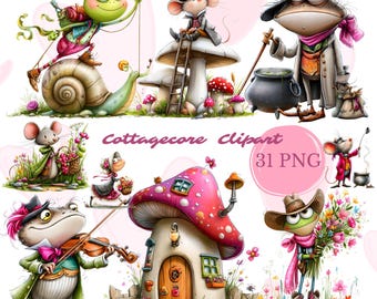 Whimsical Frog Clipart Bundle 26 PNG, Cottagecore Storybook Characters Digital Download, Mushroom House Fantasy Clipart, Commercial Use