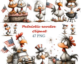 Patriotic RoosterClipart, 4th of July Farm Animal, American Flag Rooster (47 PNG)