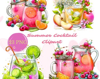 Summer Cocktail Clipart Bundle 23 PNG, Watercolor Drinks Digital Download, Lemonade Mason Jar, Bridal Shower Party Design, Commercial Use