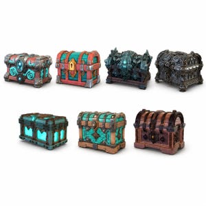 May include: A collection of seven decorative treasure chests in various designs. The chests feature ornate details, including metal accents, locks, and hinges. Colors include red, teal, brown, and black. Some chests have glowing blue accents.