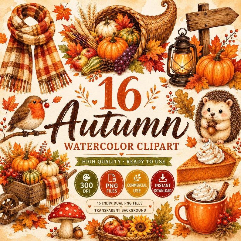 16 images clipart aquarelle d'automne (PNG) | Pack d'images d'automne ...