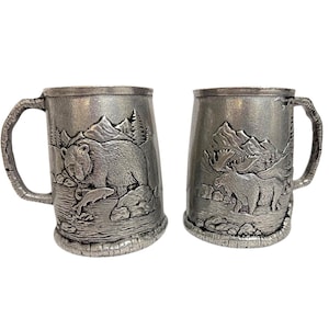 Carson Statesmetal Pewter Mugs Set of 2 Bear & Moose Wildlife Tankards Made in USA Vintage Beer Steins with Instructions