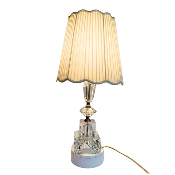 Vintage Art Deco Glass Table Lamp with Scalloped Pleated Shade, Mid-Century Cut Crystal Stacked Glass Block Boudoir Bedside Lamp