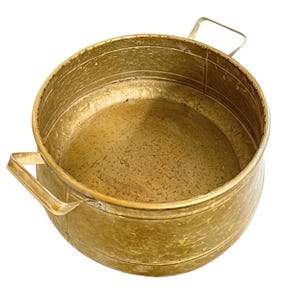 Vintage Hammered Brass Cauldron Pot with Folding Handles | Antique Brass Kettle | Rustic Farmhouse Primitive Decor Planter