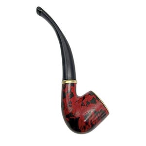 Classic Red & Black Marbled Tobacco Pipe - Elegant Bent Stem Smoking Pipe with Gold Ring Accent - Handmade Gift for Him, Collectors