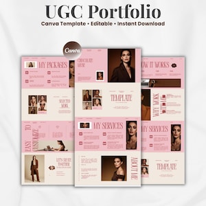 Peut inclure: Un modèle Canva de portfolio UGC numérique présentant une palette de couleurs rose pâle et crème. La mise en page comprend des sections intitulées My Packages, Selected Work, My Services et About Me, avec des espaces réservés pour des photos et du texte.