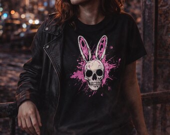 Camiseta de conejito con calavera: camiseta con gráfico de conejo rosa gótico