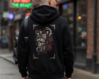 Sudadera con capucha unisex con estampado floral gótico en la espalda y calavera victoriana con rosas