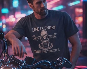 Camiseta "La vida es corta, gira el acelerador", camiseta de calavera motera, camiseta para motociclista, regalo para motero chopper, regalo para papá motero, regalo para amante de las motocicletas