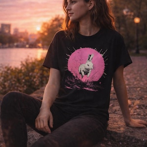 May include: Black t-shirt with a white rabbit graphic inside a pink circle. The rabbit is shown running. The background shows a sunset over a body of water and a city skyline.