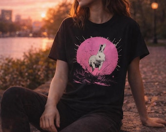 Camiseta con estampado de conejito grunge – Camiseta alternativa de Pascua con luna rosa