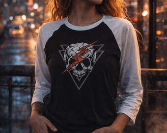 Camiseta raglán con calavera y rayo: camiseta de béisbol gótica y vanguardista, unisex, manga 3/4
