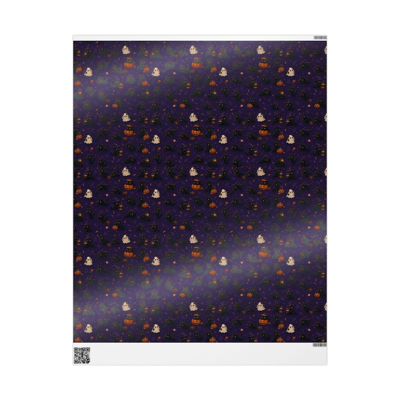 Halloween Cats and Pumpkins Wrapping Paper | Spooky Purple Pattern afbeelding 2