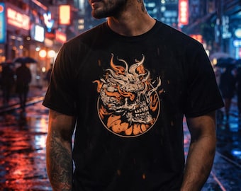 Camiseta urbana con calavera infernal: camiseta gráfica gótica oscura con borde neón.
