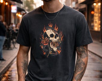 Camiseta con calavera llameante y rosa, camiseta gótica oscura con gráficos, camiseta unisex alternativa urbana