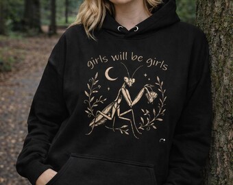 Sudadera con capucha con estampado de mantis religiosa, regalo feminista de humor negro para amantes de los insectos.