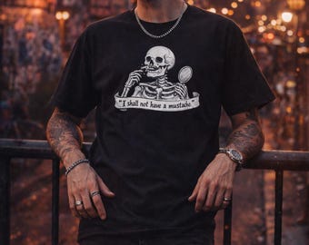Camiseta con el lema "No me dejaré bigote" - Camiseta gótica con estampado de humor negro, camiseta vintage con esqueleto, prenda unisex de estilo urbano.