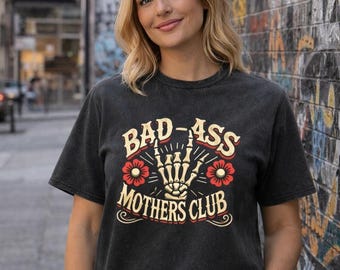 Camiseta del Club de Madres Rudas, camiseta divertida para mamás, camiseta gráfica genial para mamás, camiseta vintage con mano de esqueleto para mamás, camiseta de regalo moderna para mamás