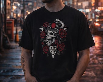 Camiseta con estampado de calavera, rosa y serpiente: estilo urbano gótico oscuro