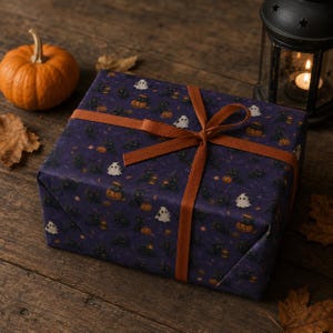Halloween Cats and Pumpkins Wrapping Paper | Spooky Purple Pattern afbeelding 1