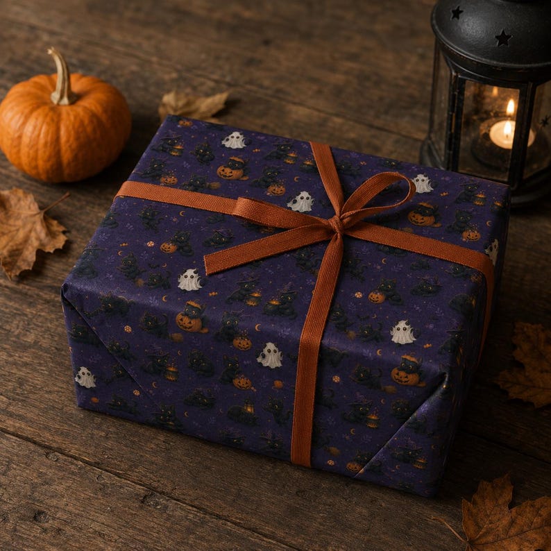 Halloween Cats and Pumpkins Wrapping Paper | Spooky Purple Pattern afbeelding 1