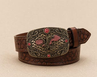 Pasek skórzany w stylu western z klamrą z orłem – pasek kowbojski w stylu vintage – skórzany pasek w stylu rustykalnym – prezent unisex w stylu ranczerskim