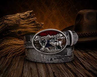 Pasek z klamrą w stylu vintage Deer Buckle, skórzany pasek z tłoczoną fakturą w stylu western dla mężczyzn i kobiet, pasek w stylu kowbojskim