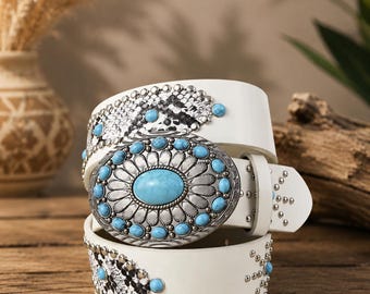Biały pasek kowbojski damski z turkusową klamrą w stylu vintage – w stylu western boho country