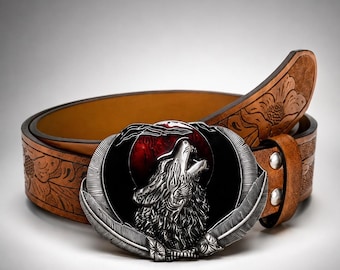 Pasek skórzany Howling Wolf, pasek kowbojski z Dzikiego Zachodu, klamra Moon Wolf, grawerowany pasek skórzany, vintage'owy pasek unisex, prezent dla niego
