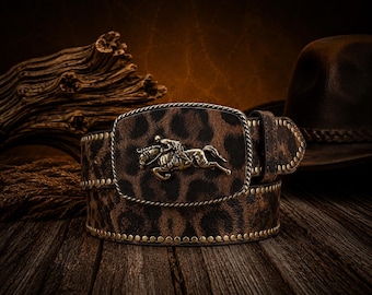 Uniwersalny pasek w panterkę w stylu western | Klamra w stylu vintage kowbojskim | Skórzany pasek w stylu country z ćwiekami | Prezent dla mężczyzn i kobiet