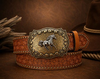 Pasek skórzany w stylu western z klamrą w kształcie konia w stylu vintage – pasek kowbojski z prawdziwej skóry – tłoczony pasek w stylu rustykalnym – prezent unisex w stylu ranczerskim