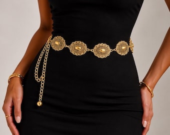 Złoty pasek z kwiatowym łańcuszkiem dla kobiet, pasek z ogniwami w stylu vintage, biżuteria z łańcuszkiem w stylu boho, elegancki pasek biodrowy, efektowny dodatek do talii
