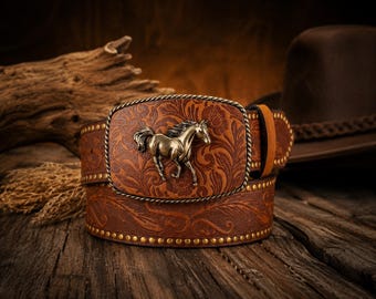 Genuine Black Leather Western Belt | Cowboy Belt with Horse Buckle | Unisex Vintage Leather Belt | Western Style Belt