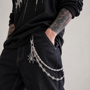 Silver Spindel Plånbokskedja | Gotisk Punk Dubbel Byxkedja | Y2K Höftkedja | Unisex Jeanskedja | Emo Rock Biker Accessoarer