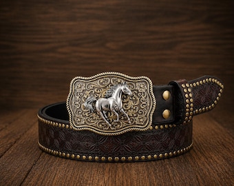 Pasek skórzany w stylu western z grawerowaną klamrą w kształcie konia – pasek kowbojski w stylu vintage – skórzany pasek w stylu rustykalnym – prezent unisex w stylu ranczerskim