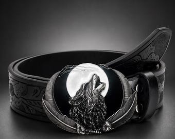 Pasek Wolf Moon, grawerowany pasek skórzany, pasek kowbojski w stylu western, pasek gotycki, vintage'owy pasek unisex, prezent w kształcie klamry ze zwierzęciem