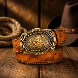 Cinturón de estilo western para hombre y mujer, cinturón de cuero vaquero vintage, hebilla dorada con forma de caballo, estilo rodeo country, regalo ecuestre
