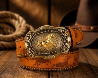 Pasek jeździecki w stylu western dla kobiet i mężczyzn, skórzany pasek kowbojski w stylu vintage, złota klamra z motywem konia, moda rodeo country, prezent jeździecki