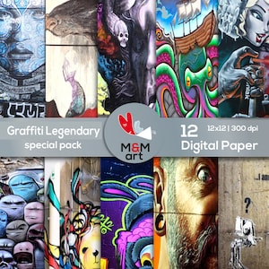 Print Graffiti Legendary 12 Pack Special Download Digital Backdrop Posters ,Scrapbooking Paper, Pictures ,Cardmaking,12x12 inches