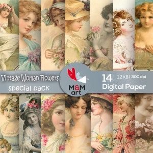 Prints Vintage Woman Flowers Cards  14  Download Digital Backdrop Textures ,Scrapbooking Paper,Invites,Cardmaking Printable12 x 8 inches