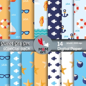 Conjunto de estampas Sweet Sea Pacote de papel Dawnload 14 papel para impressão padrão papel de fundo Cores da Marina Mar Azul
