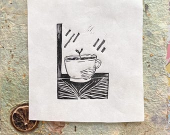 Little Plant in Coffee Cup | Handmade Linocut Print