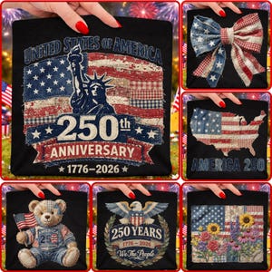 Pode incluir: Camiseta preta com um design patriótico que celebra o 250º aniversário dos Estados Unidos. O design apresenta a Estátua da Liberdade, a bandeira americana e o texto "250th Anniversary 1776-2026".