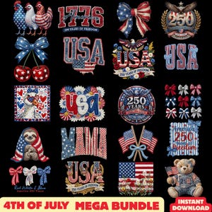 Op de afbeelding: Een verzameling patriottische ontwerpen voor 4 juli, met rode, witte en blauwe afbeeldingen. Bevat afbeeldingen van de Amerikaanse vlag, strikken, kersen en de tekst "USA" en "America". Bevat ook een teddybeer met een vlag.