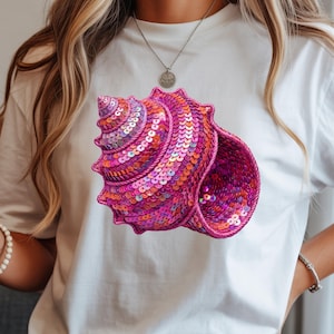 PNG de concha marina de verano, diseño de sirena costera con lentejuelas brillantes para playa (DTF), descarga digital de moda