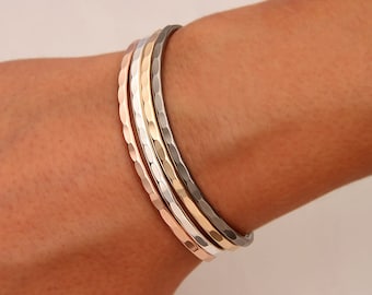 Thin Hammered Cuff Bracelets, Gold, Rose Gold, Silver, Niobium
