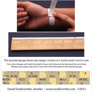 May include: A bracelet size guide with a ruler and a chart showing different sizes in inches and centimeters. The chart includes sizes from 0 XXS to 8 XXL.