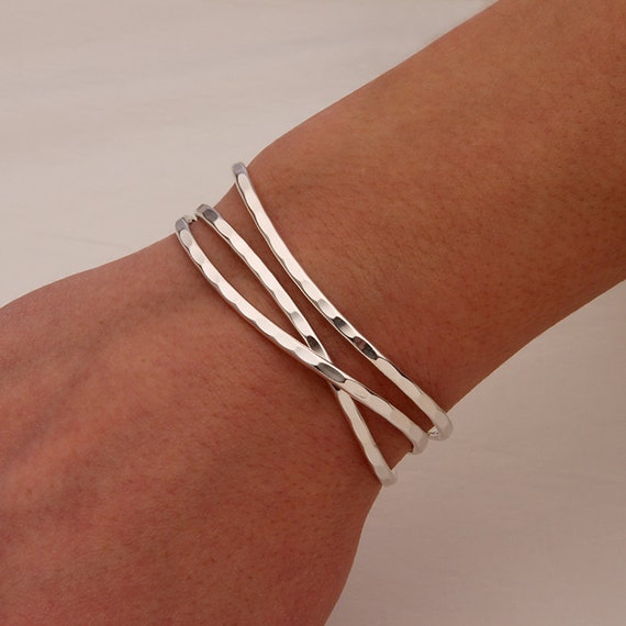 Thin Hammered Cuff Bracelets Sterling Silver Etsy